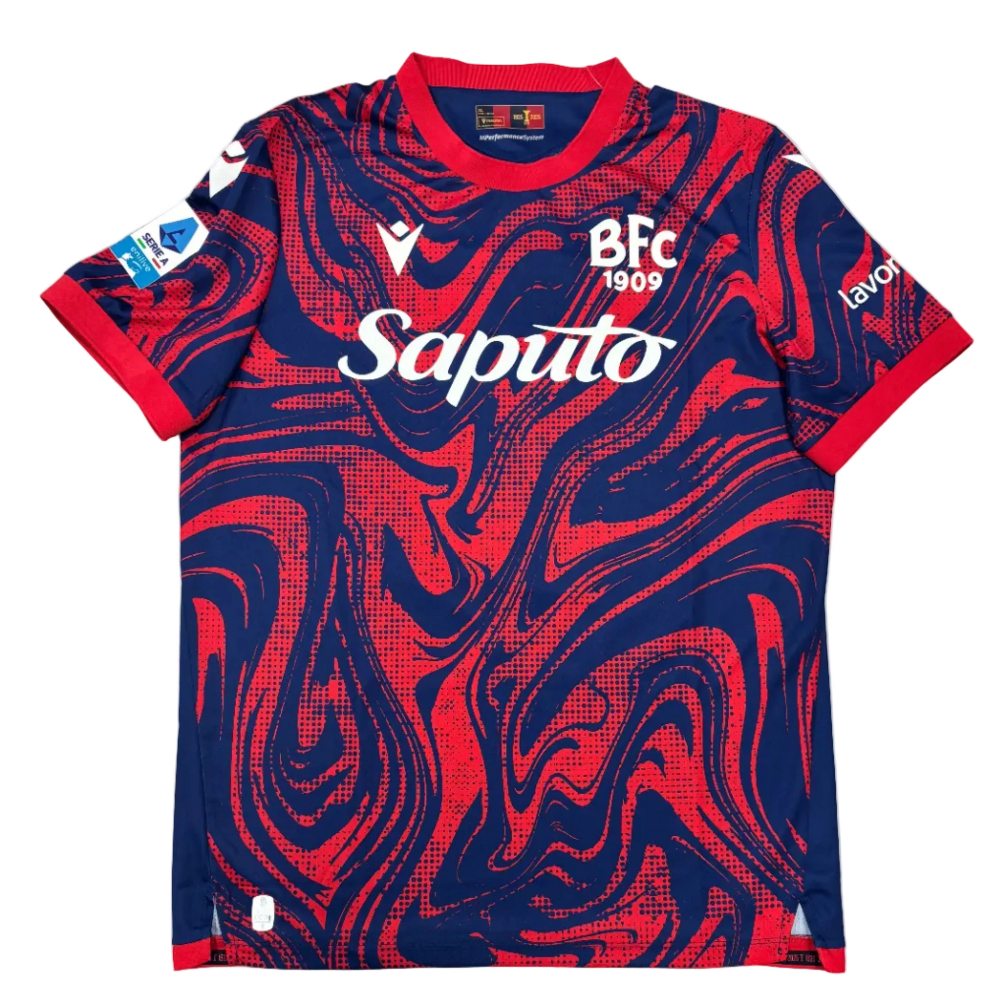 Red and blue sports jersey with branding on a white surface