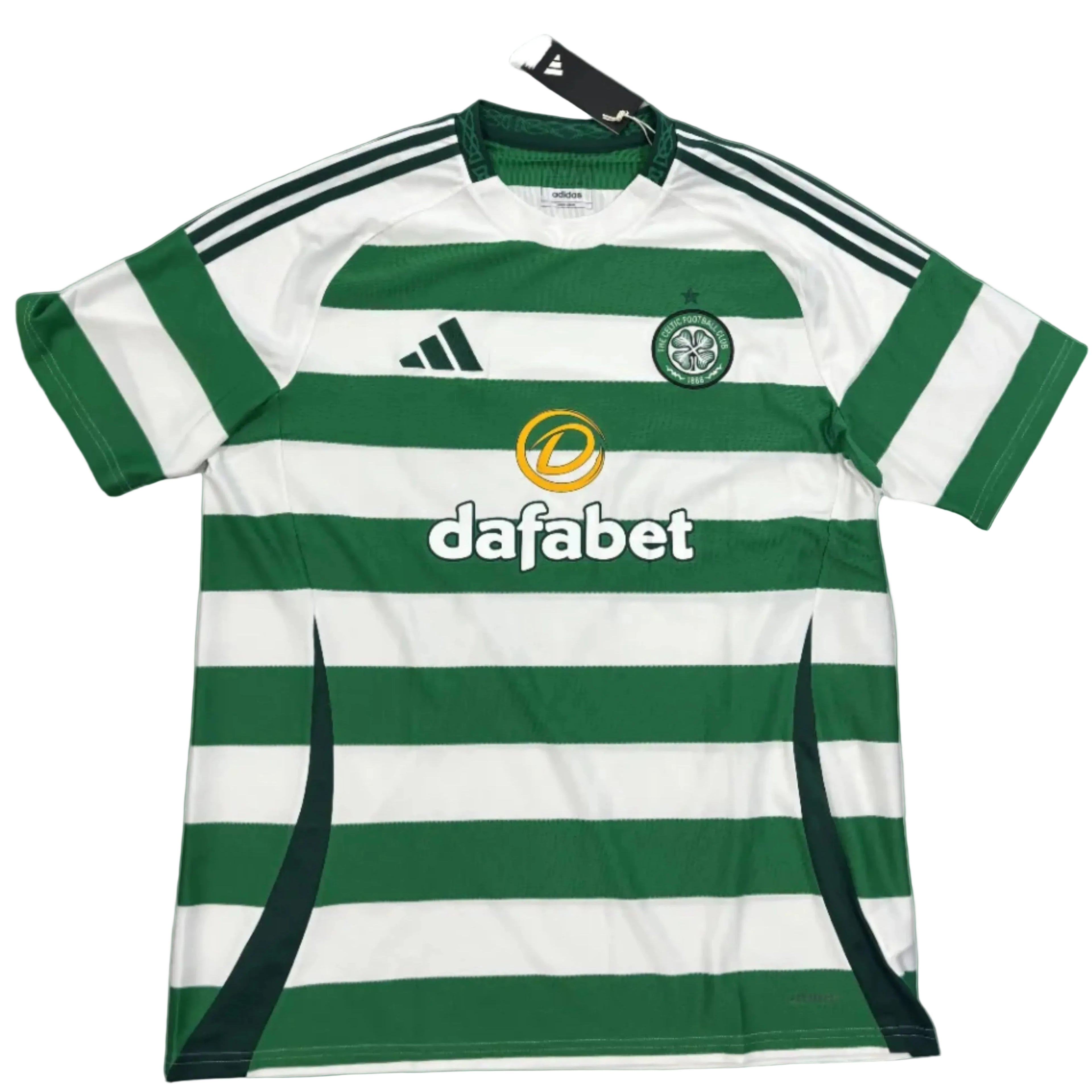 Green and white striped sports jersey with Adidas and Dafabet logos on a green background
