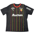 Black sports jersey with red and yellow stripes and various logos on a white background