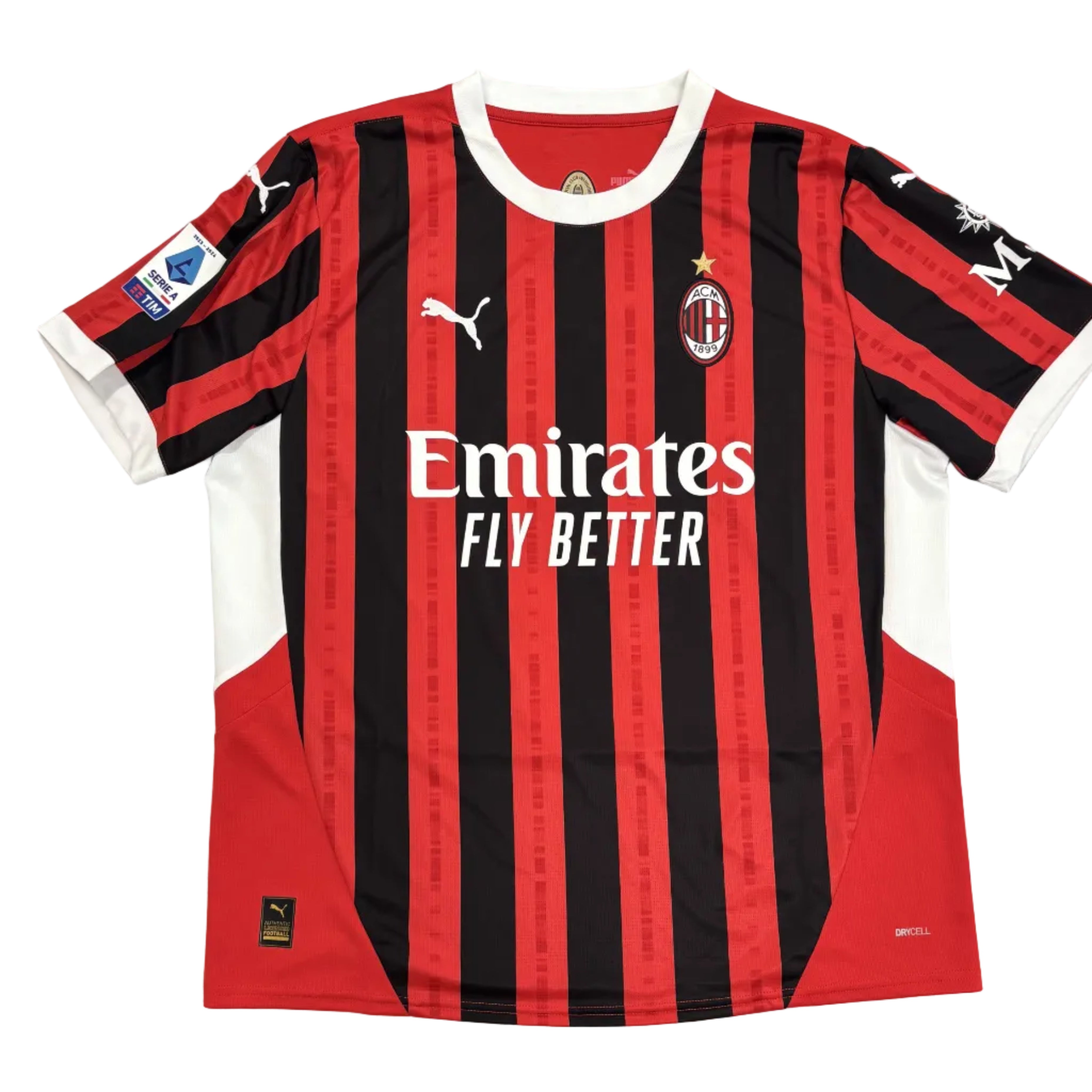 Red and black striped sports jersey with Emirates logo on a white surface