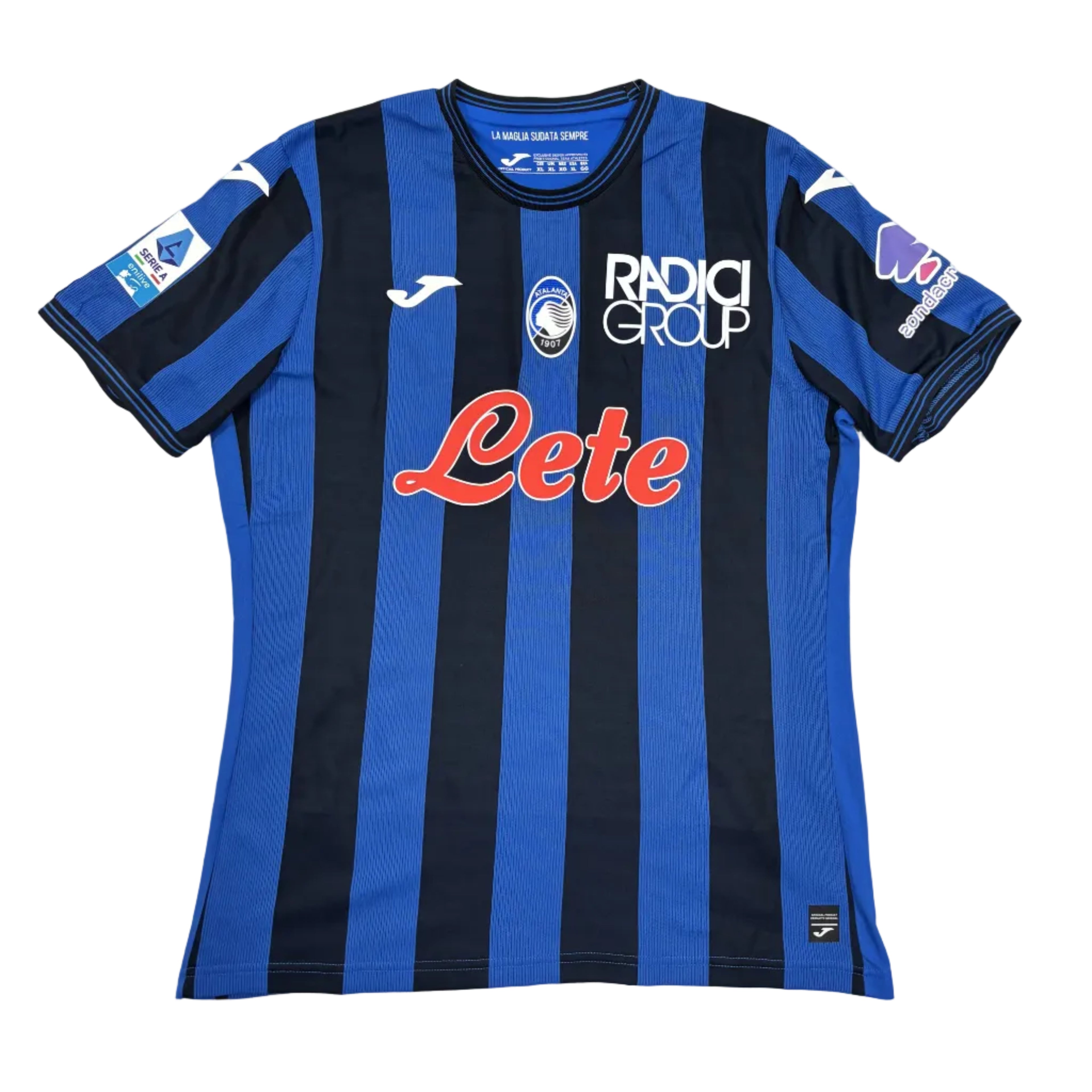 Blue and black striped sports jersey with visible branding on a white surface