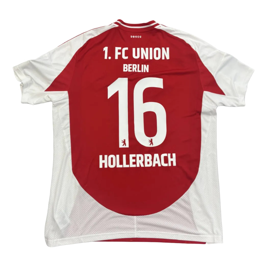 Red and white sports jersey with '1. FC Union Berlin' and number '16' on a gray surface.
