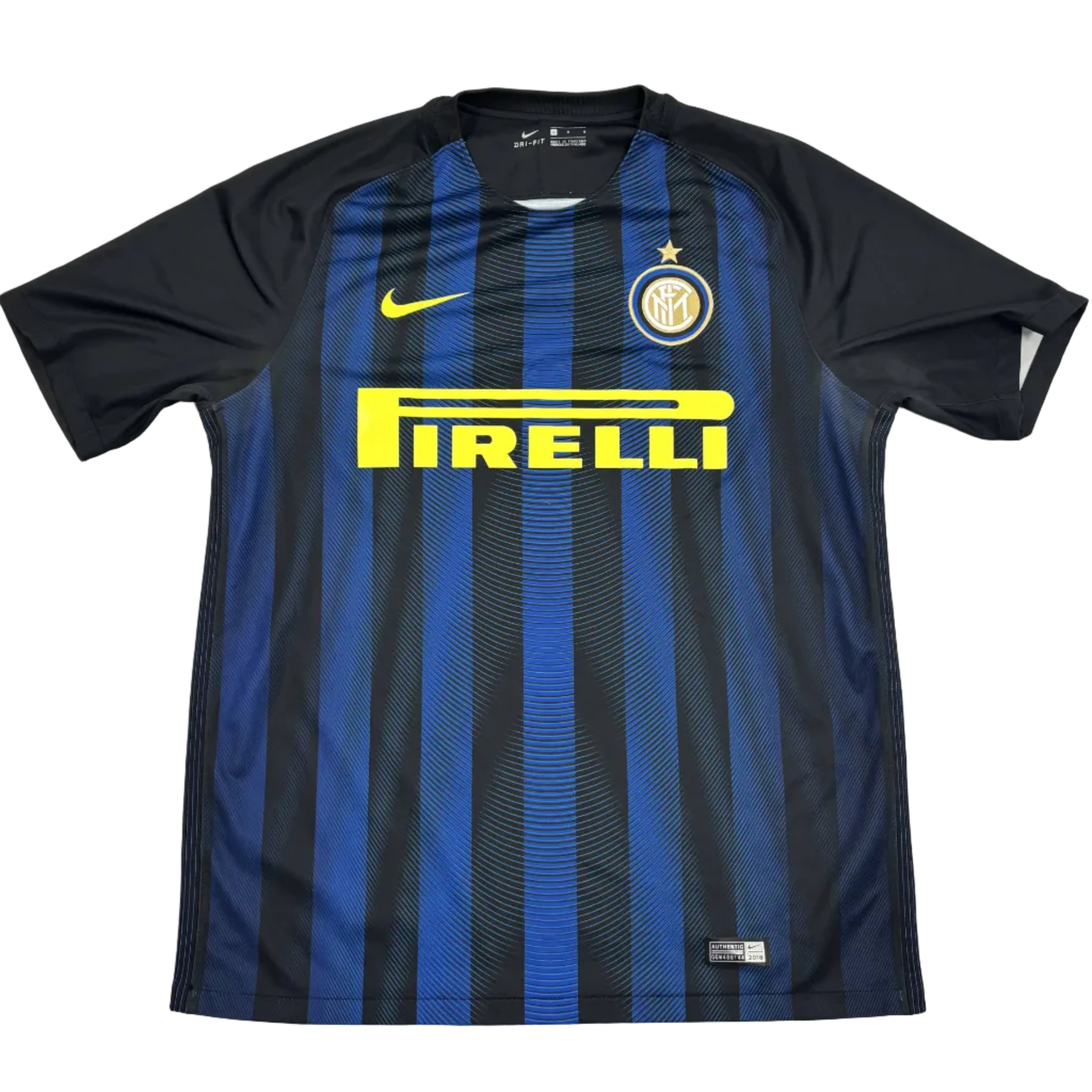 Black and blue sports jersey with Pirelli logo on a round white table.