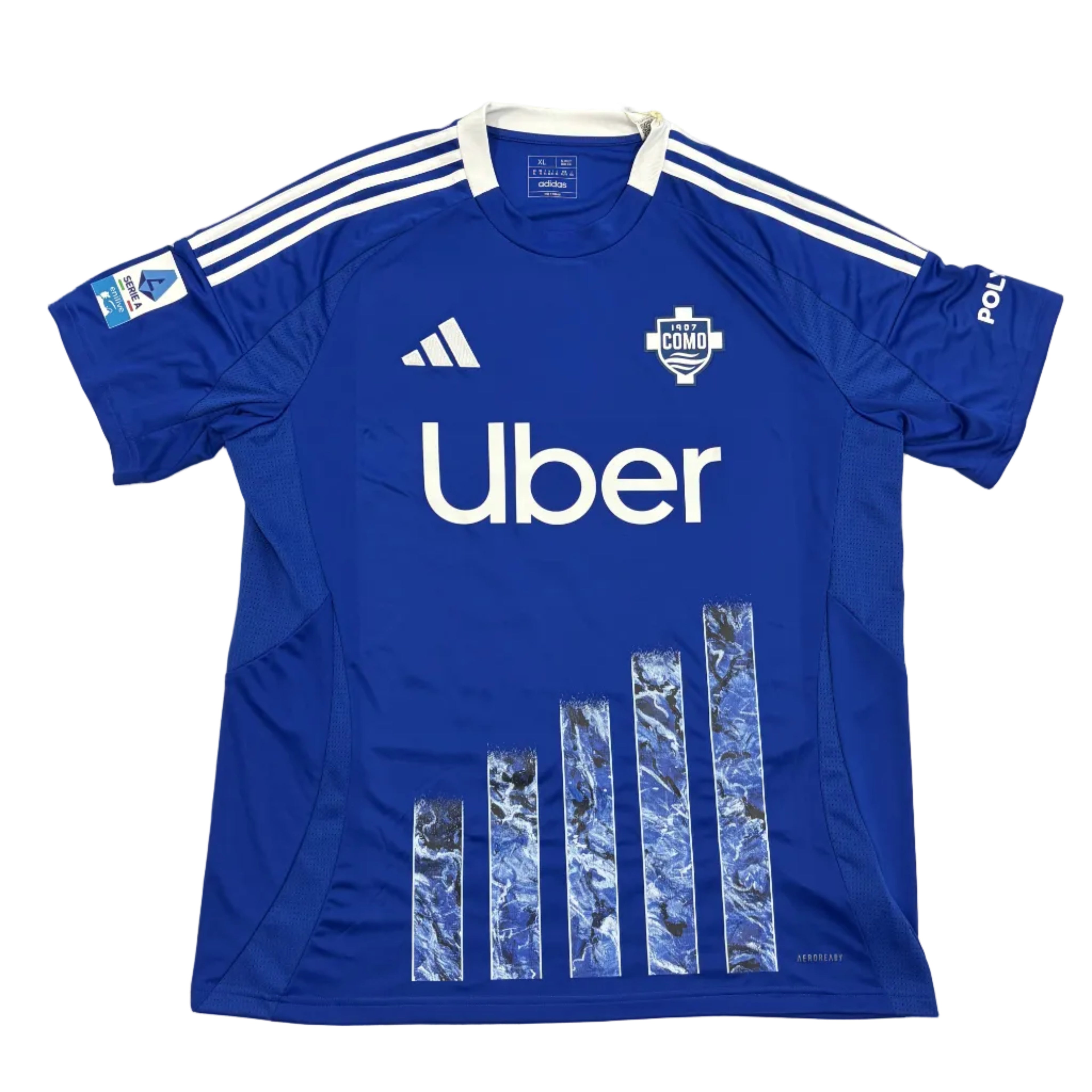 Blue sports jersey with Uber logo on a round white table