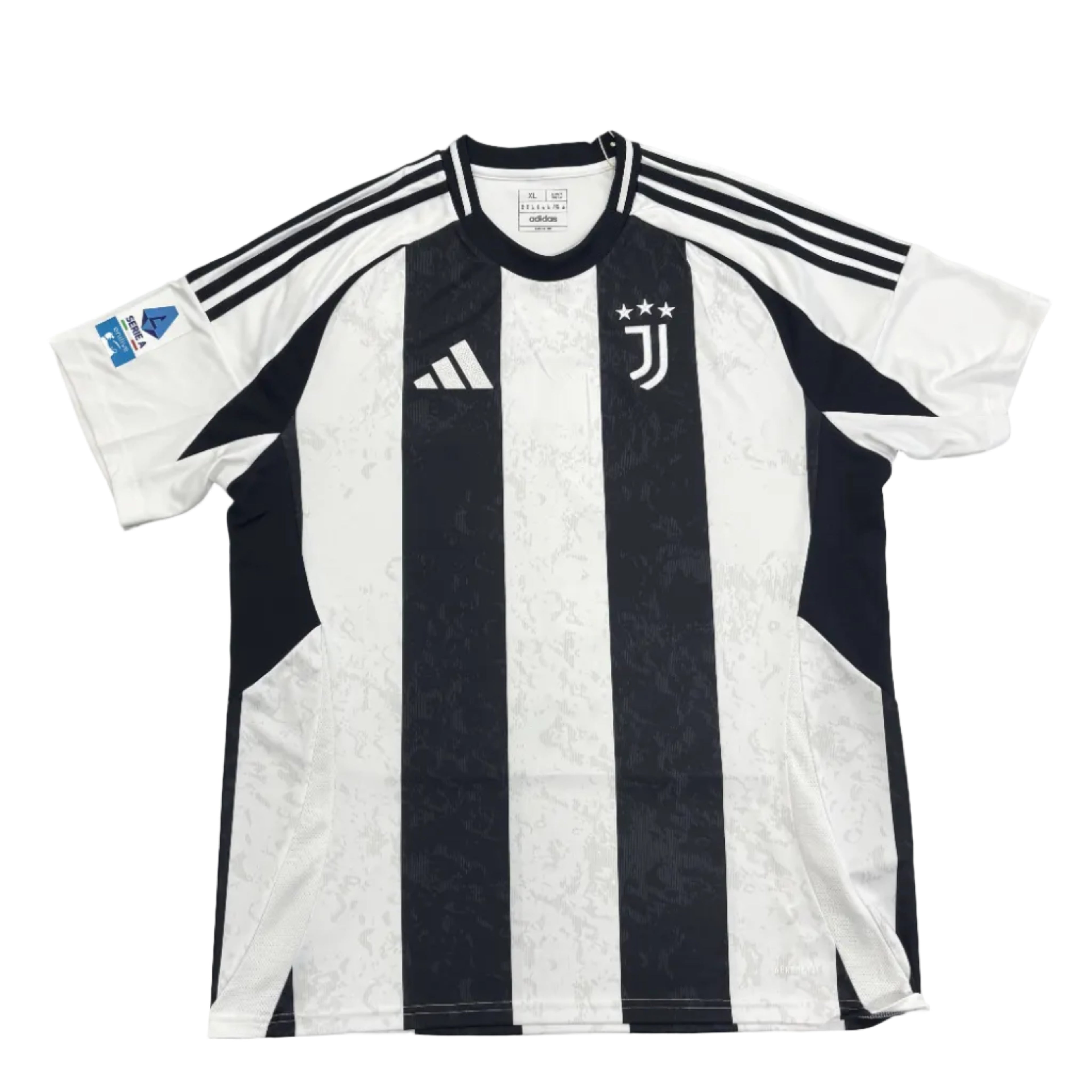 Black and white striped sports jersey with brand logos on a gray surface