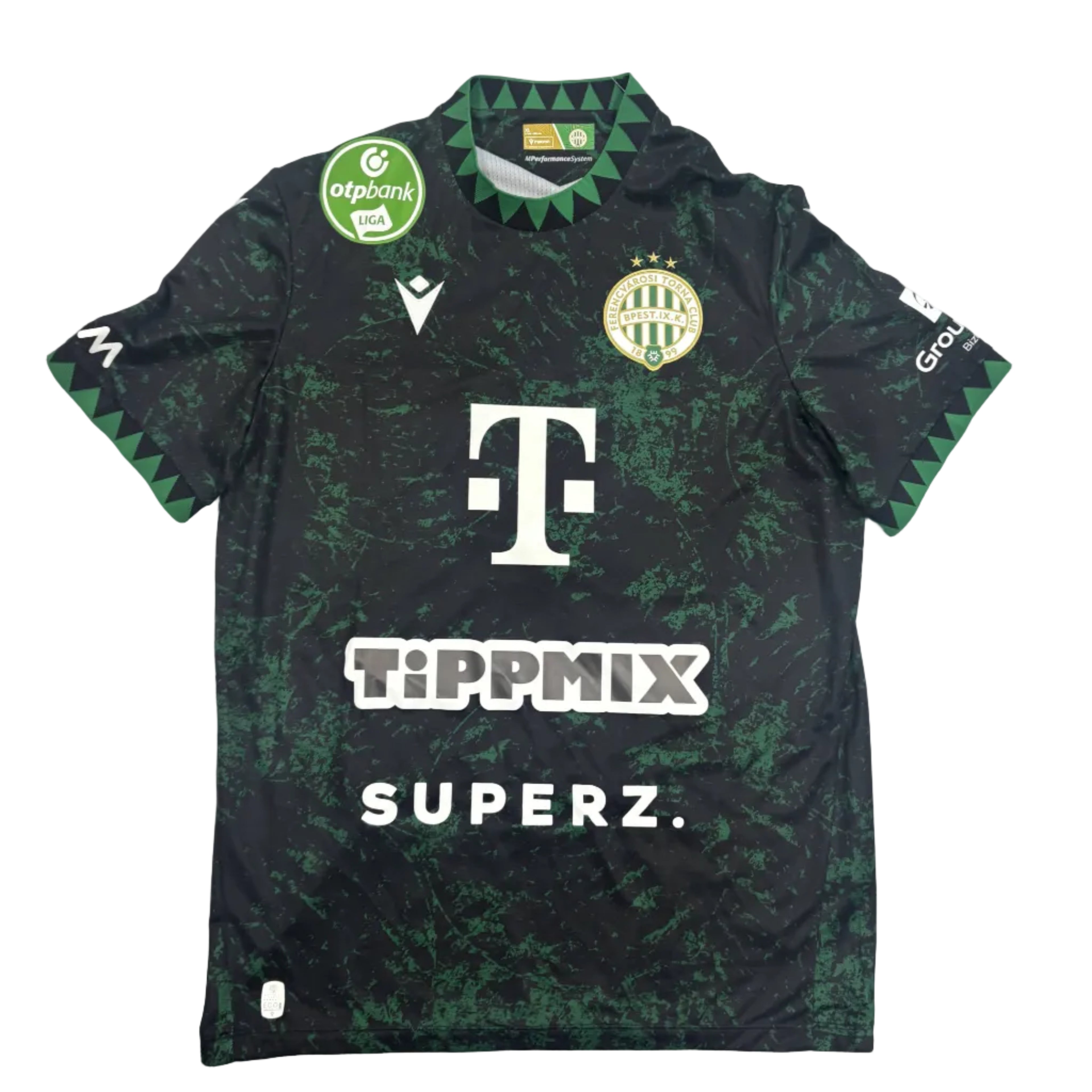 Black sports jersey with green patterns on a round white table