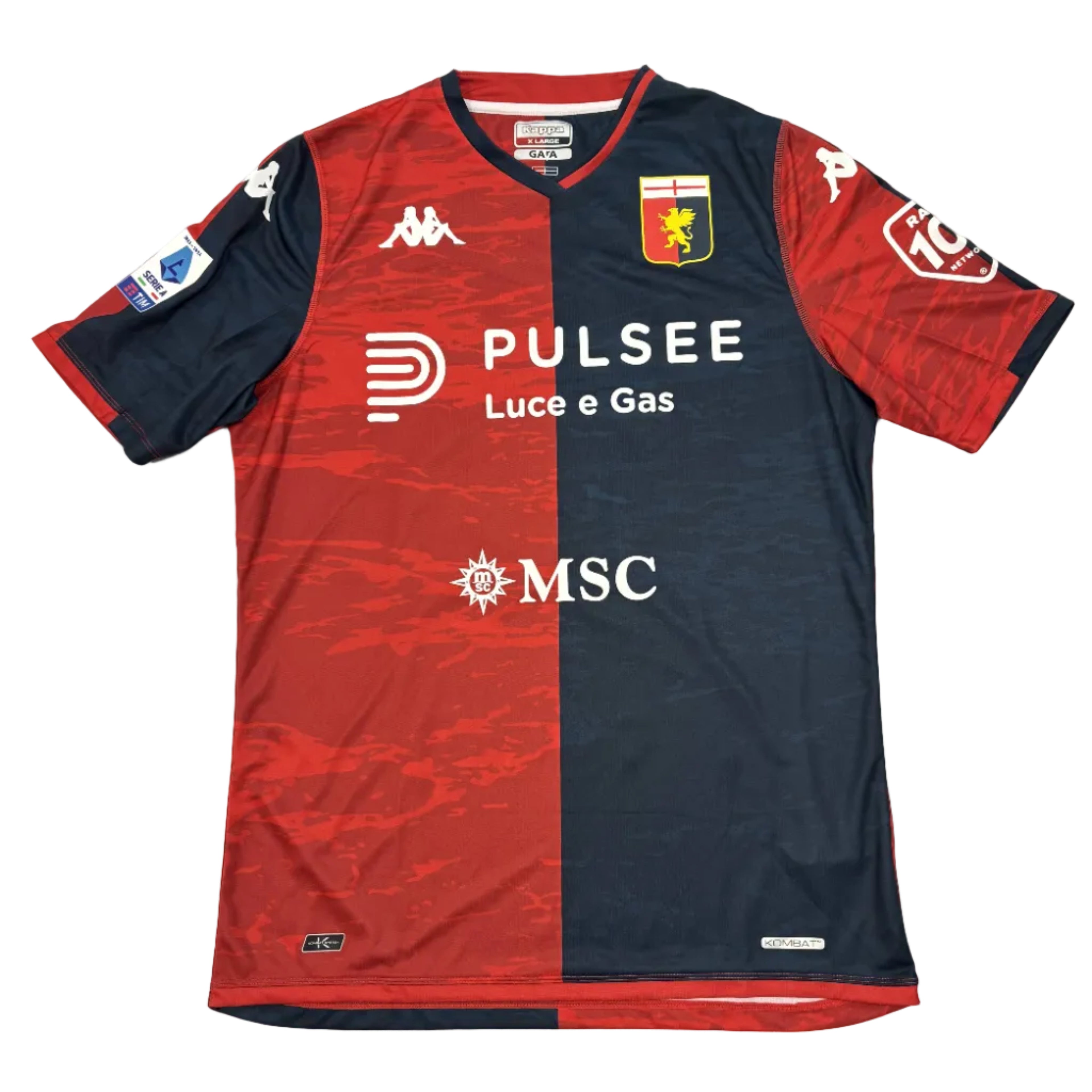 Red and navy sports jersey with visible branding on a round white table.