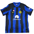 Black and blue striped sports jersey with logos on a round surface
