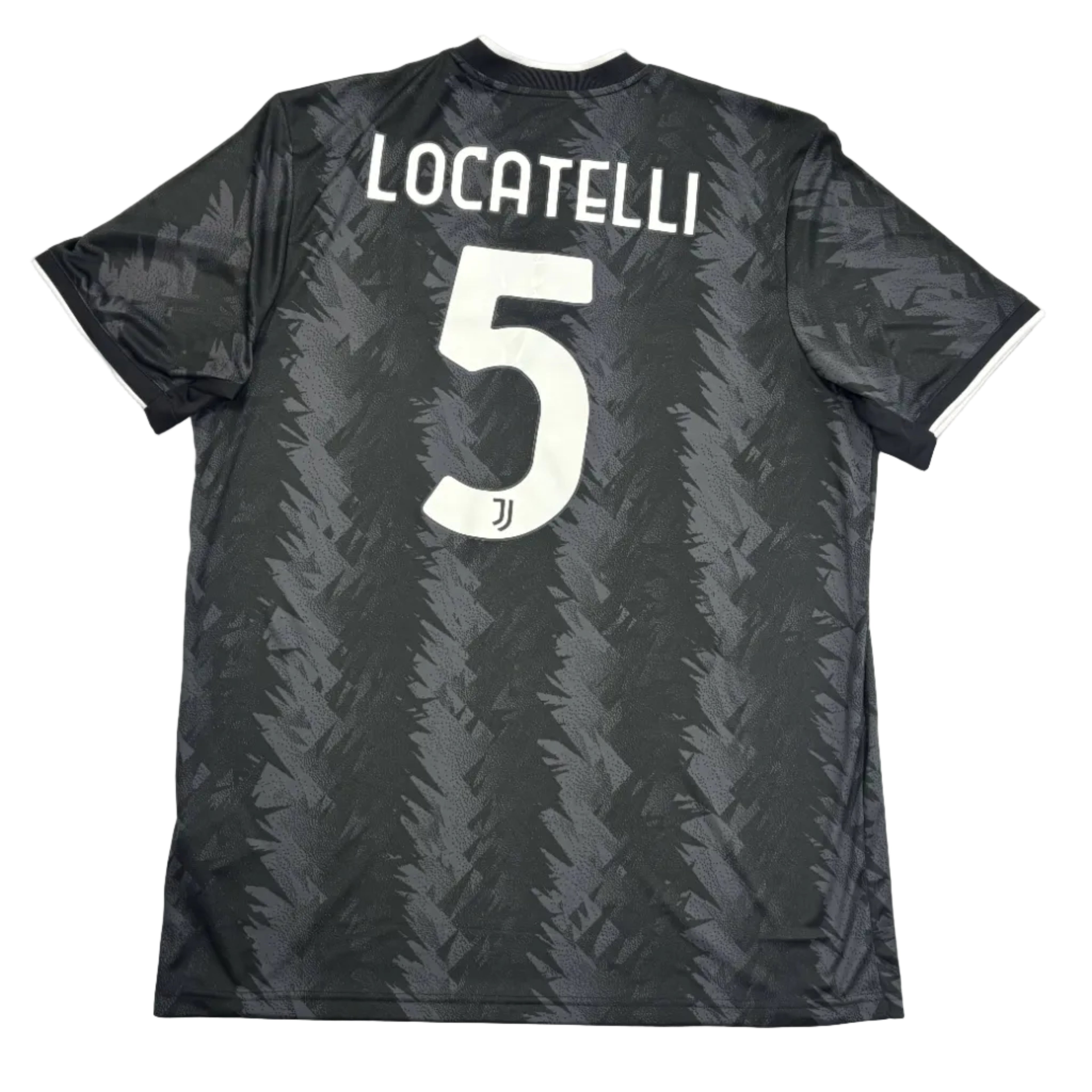 Black sports jersey with 'Locatelli' and number '5' on a white surface