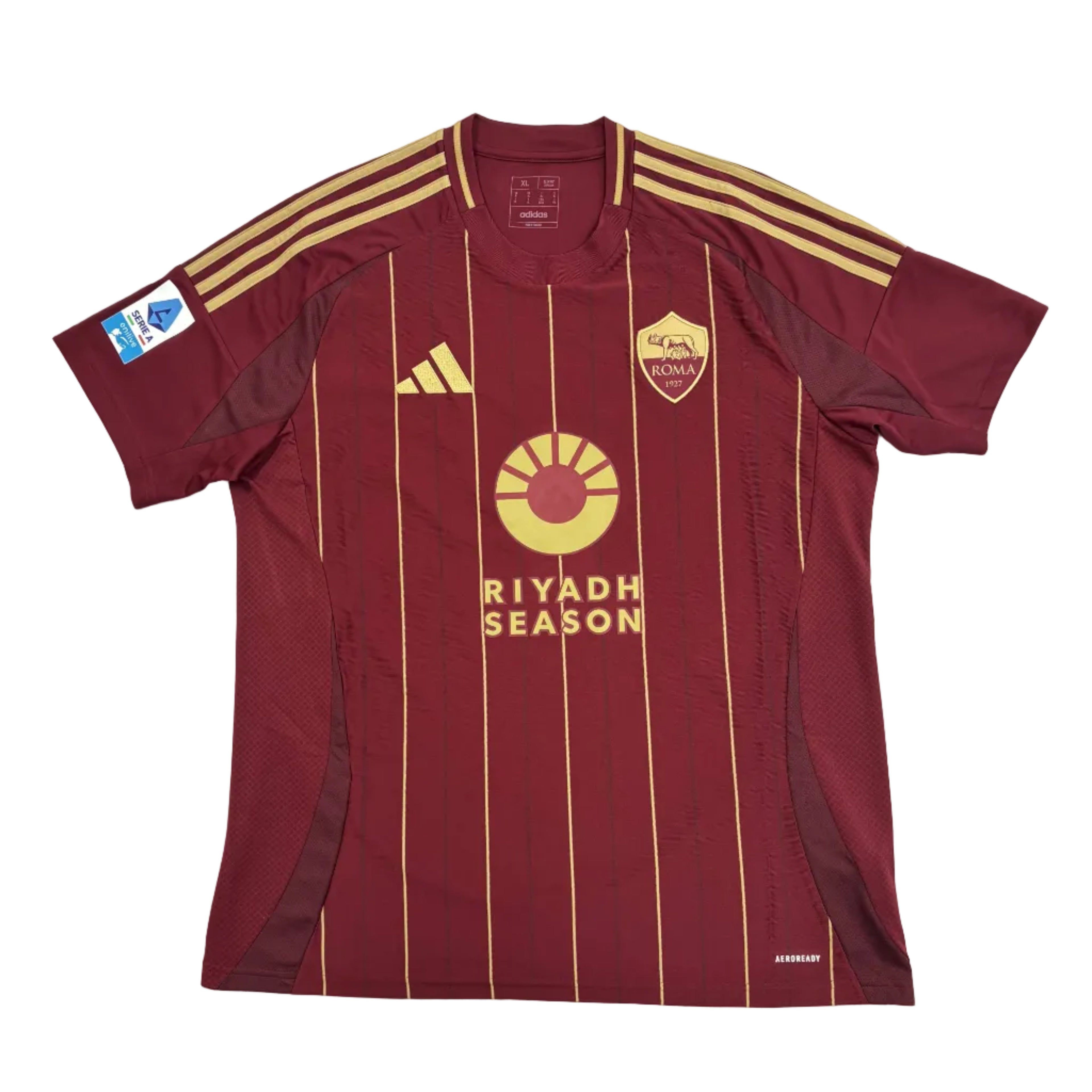 Maroon sports jersey with gold accents on a white surface, featuring 'Riyadh Season' text.