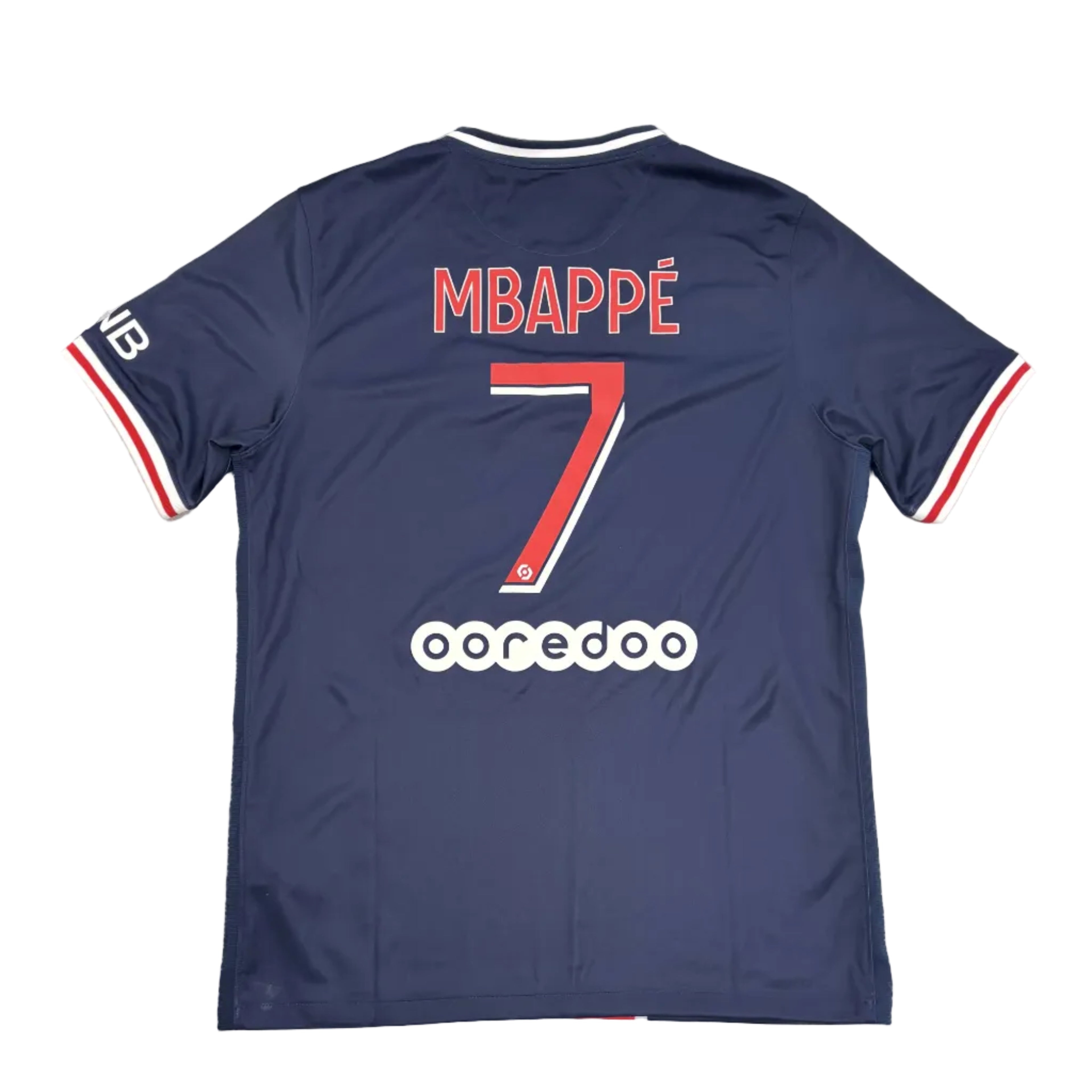 Navy blue sports jersey with 'MBAPPE 7' printed on a white surface