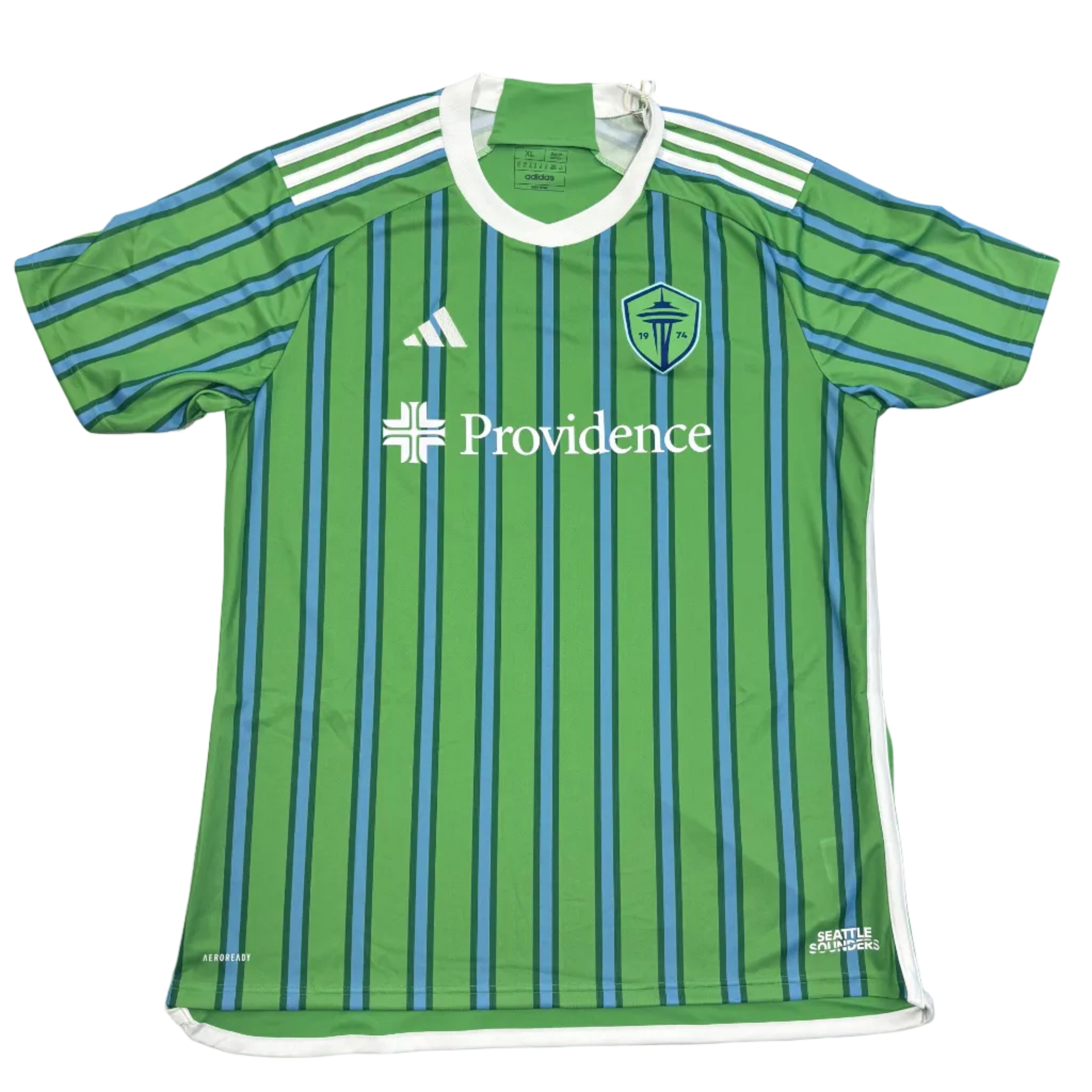 Green sports jersey with white and blue stripes on a round surface