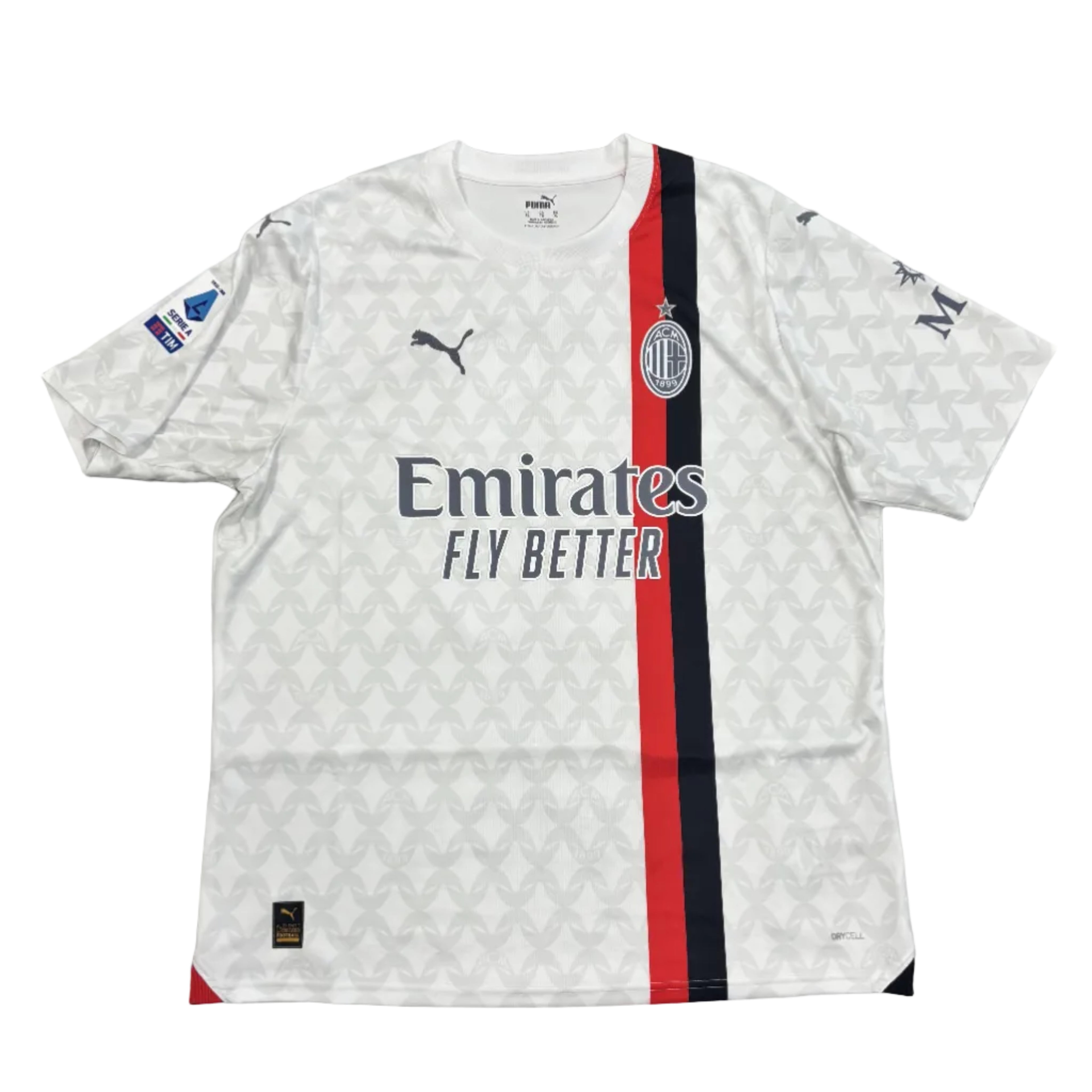 White sports jersey with red and black stripes on a round surface