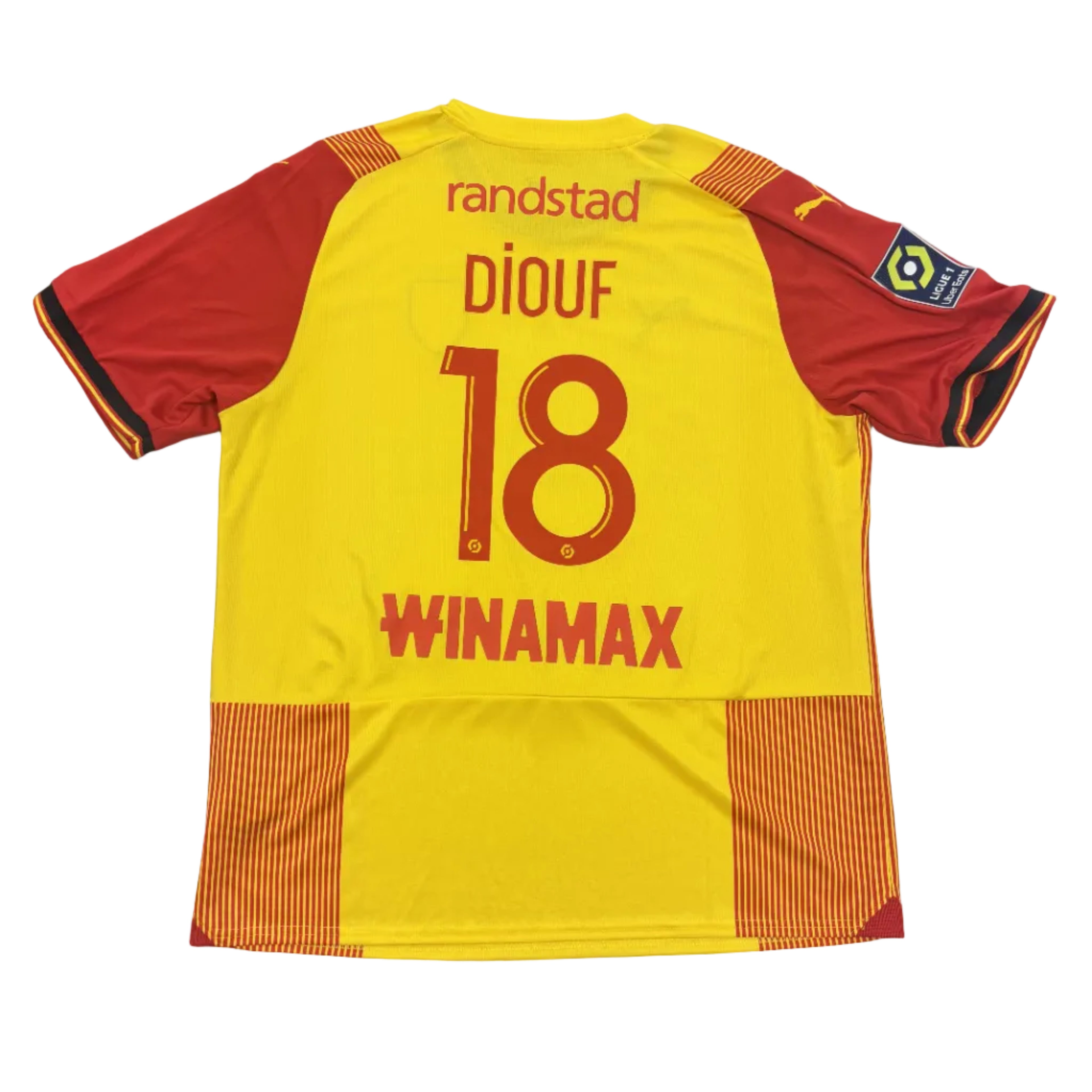Yellow and red sports jersey with branding on a round surface