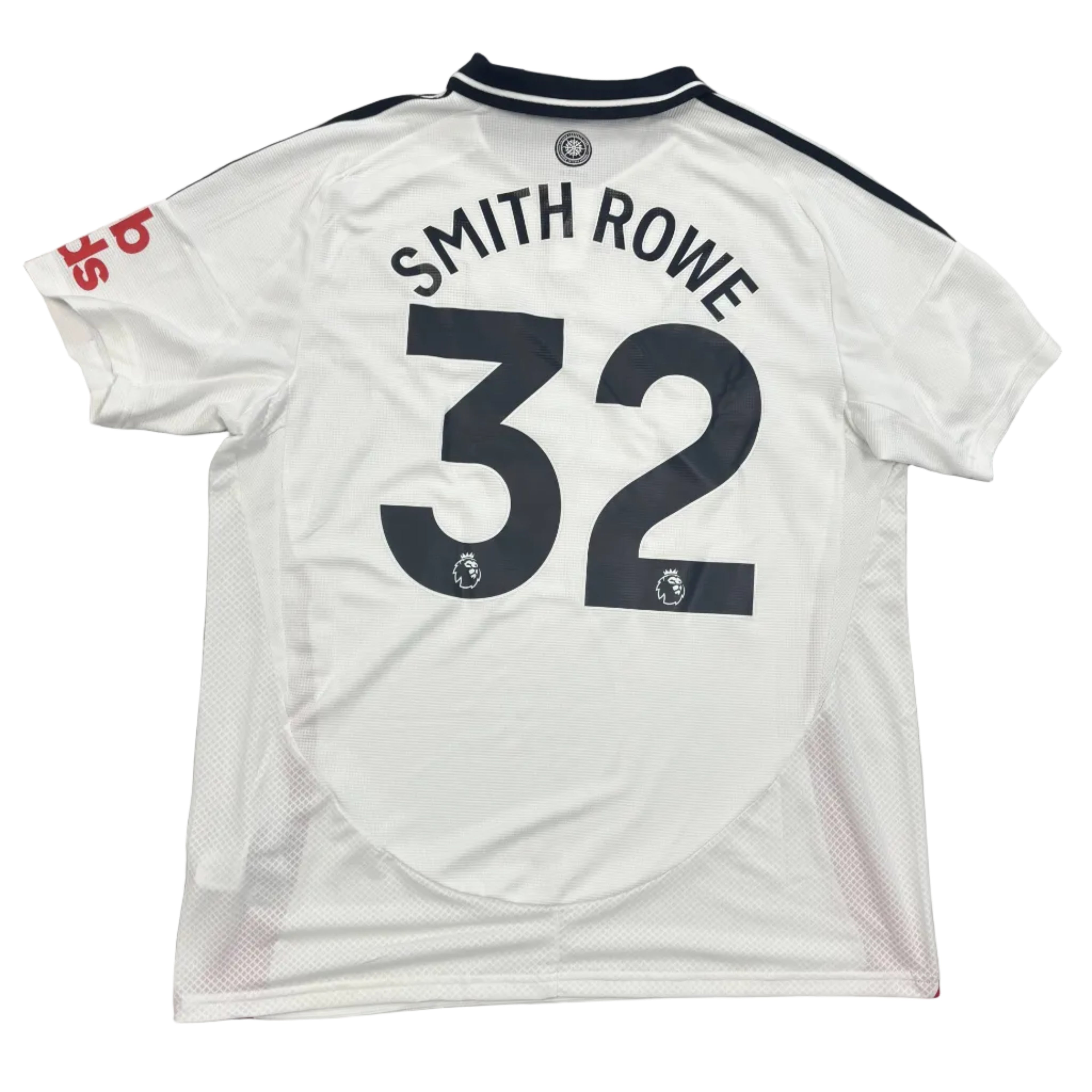 White sports jersey with 'Smith Rowe 32' printed on it, displayed on a gray surface.