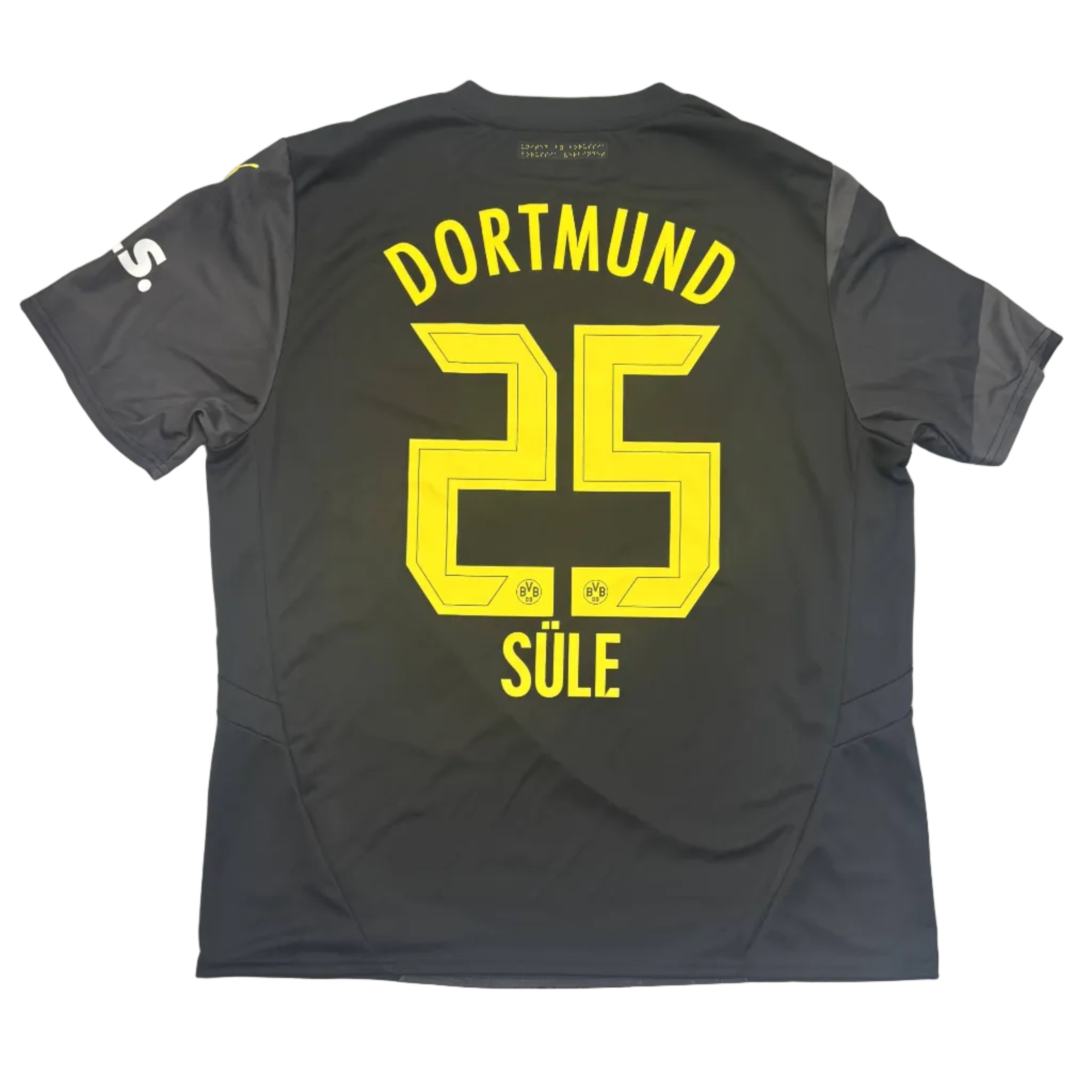 Black sports jersey with yellow text on a white surface