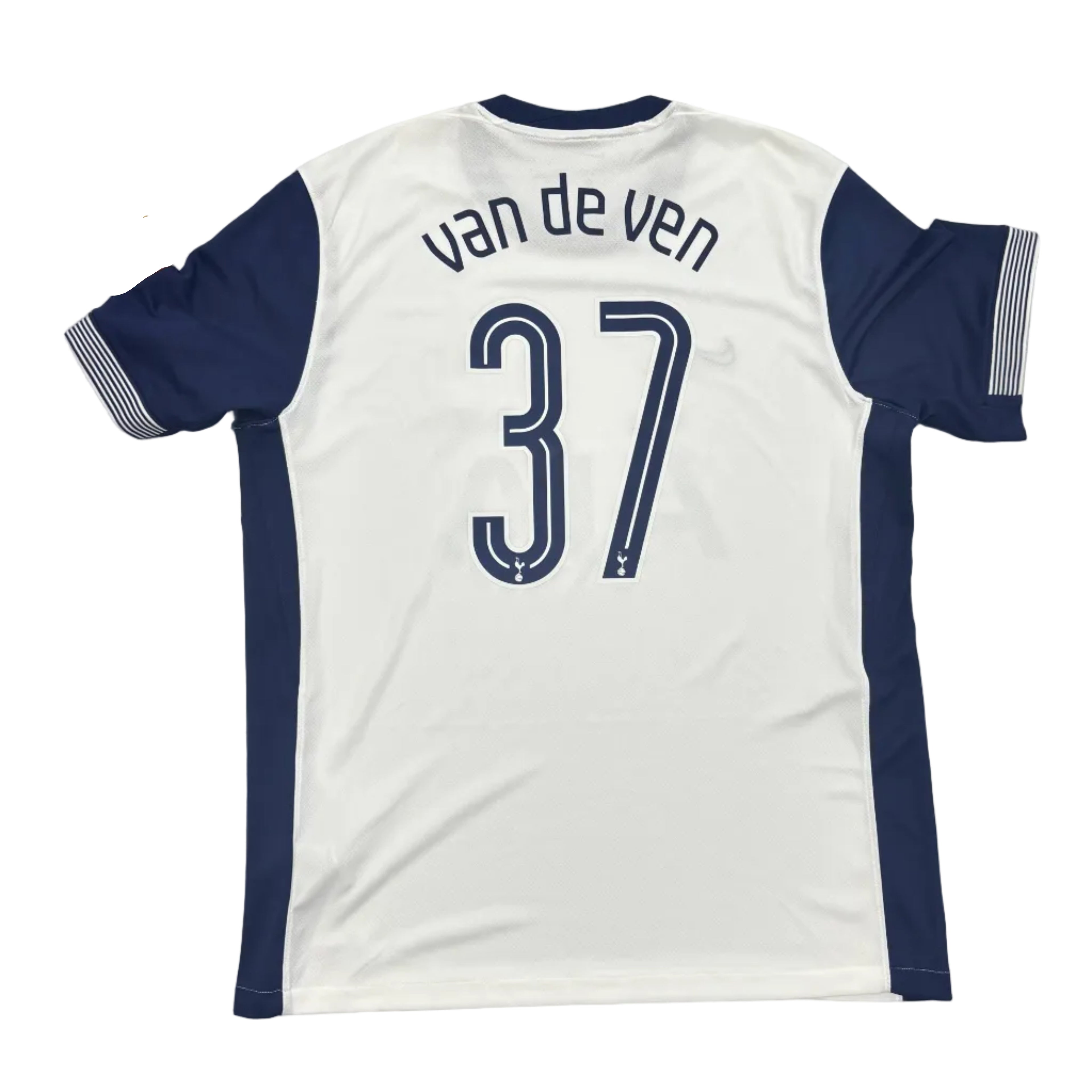 White sports jersey with blue sleeves and 'van de Ven' and number '37' on a gray surface