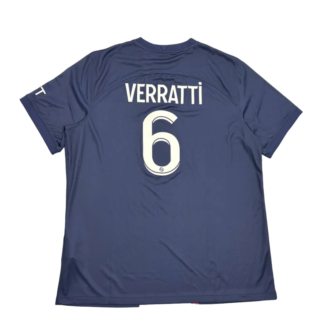 Blue sports jersey with 'Verratti' and number '6' on a white surface