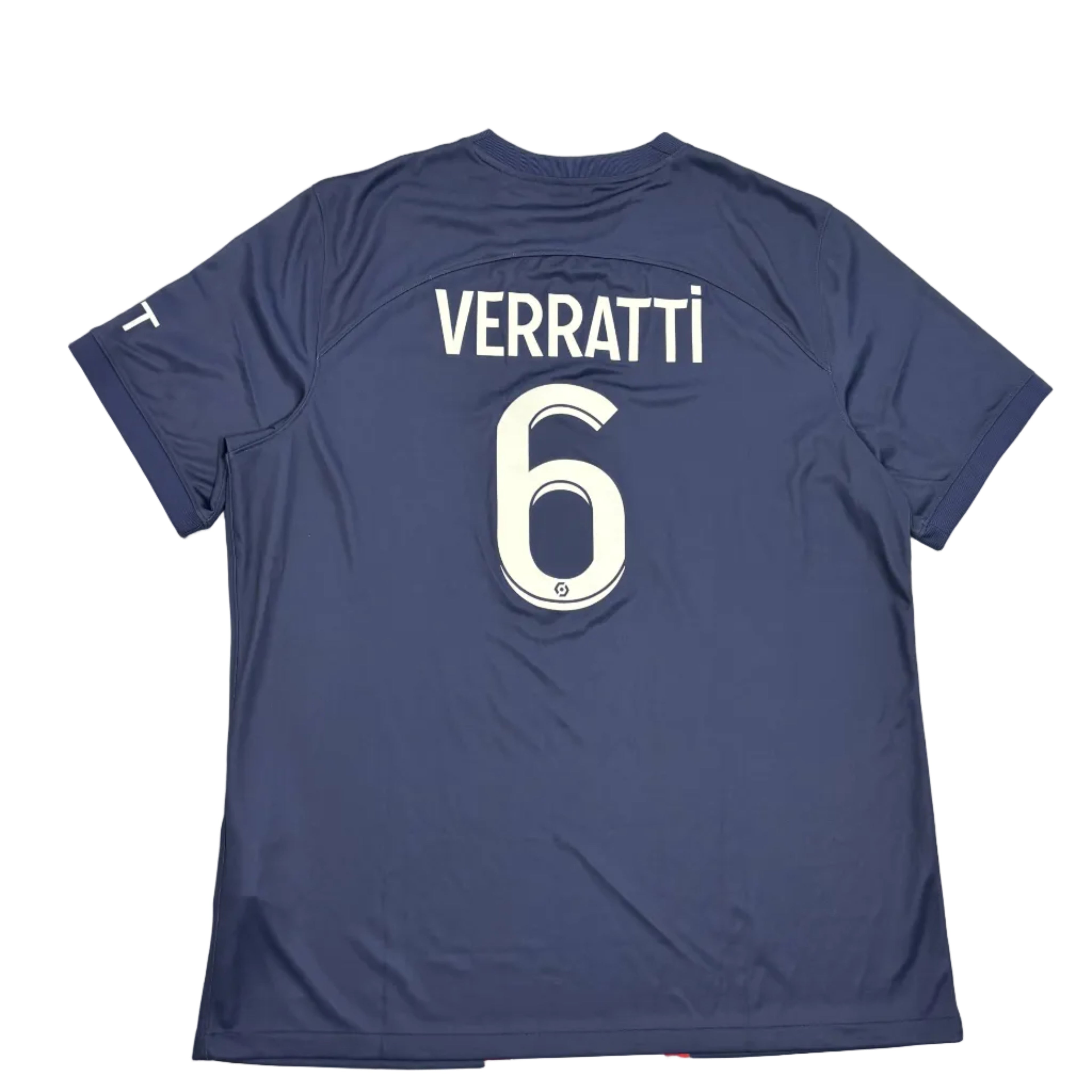 Blue sports jersey with 'Verratti' and number '6' on a white surface