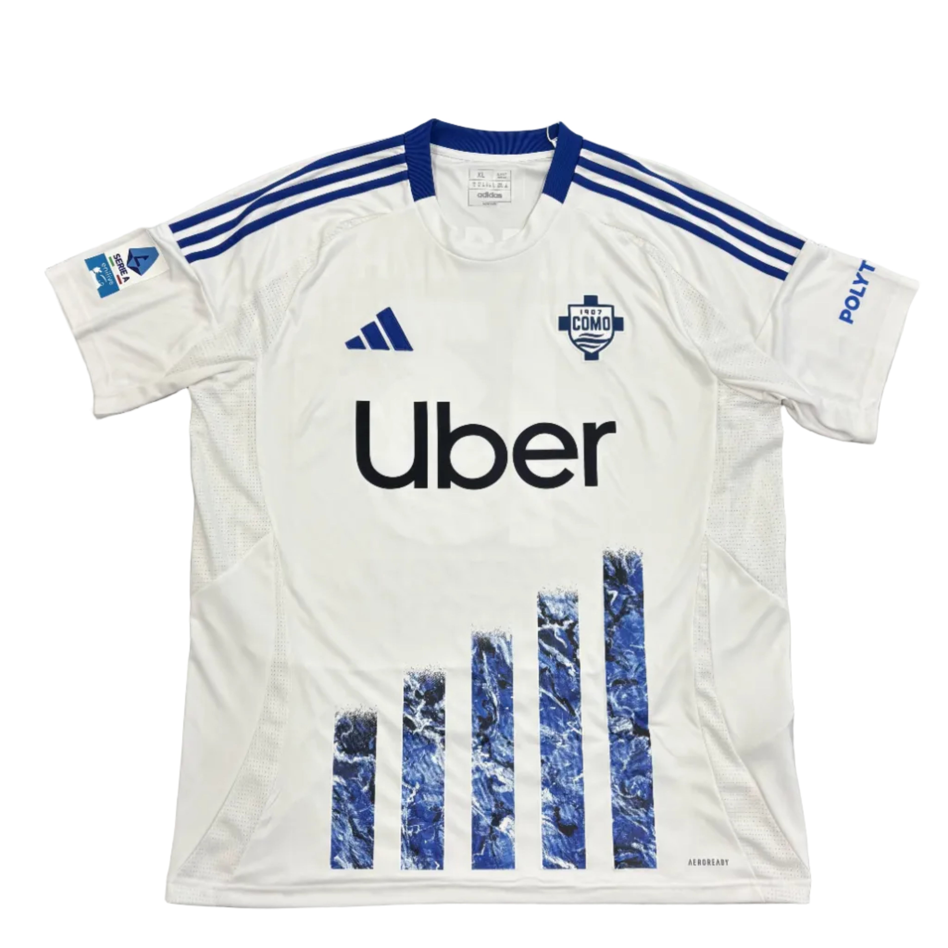 White sports jersey with blue accents and Uber logo on a gray surface