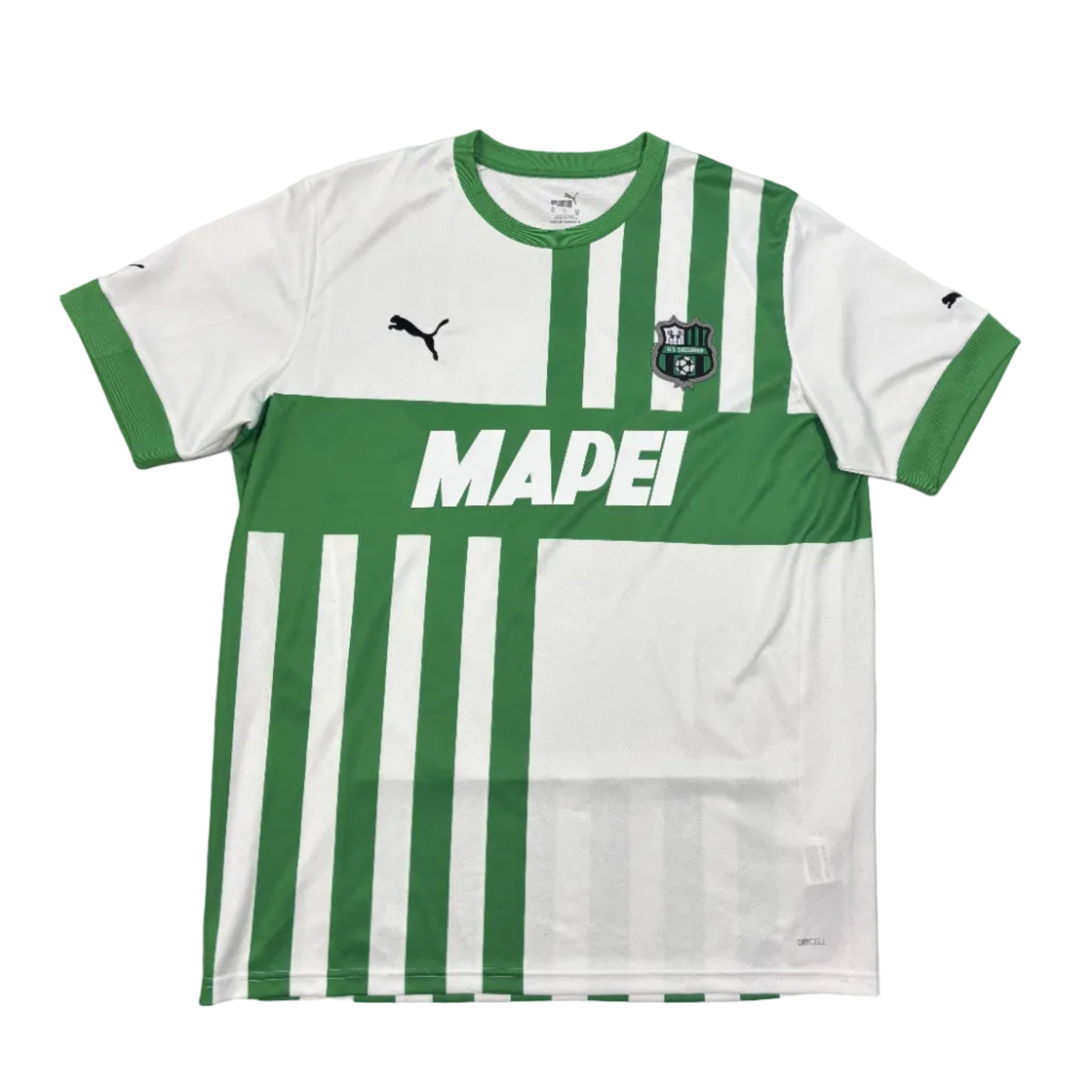 Green and white striped sports jersey with 'Mapei' branding on a gray surface.